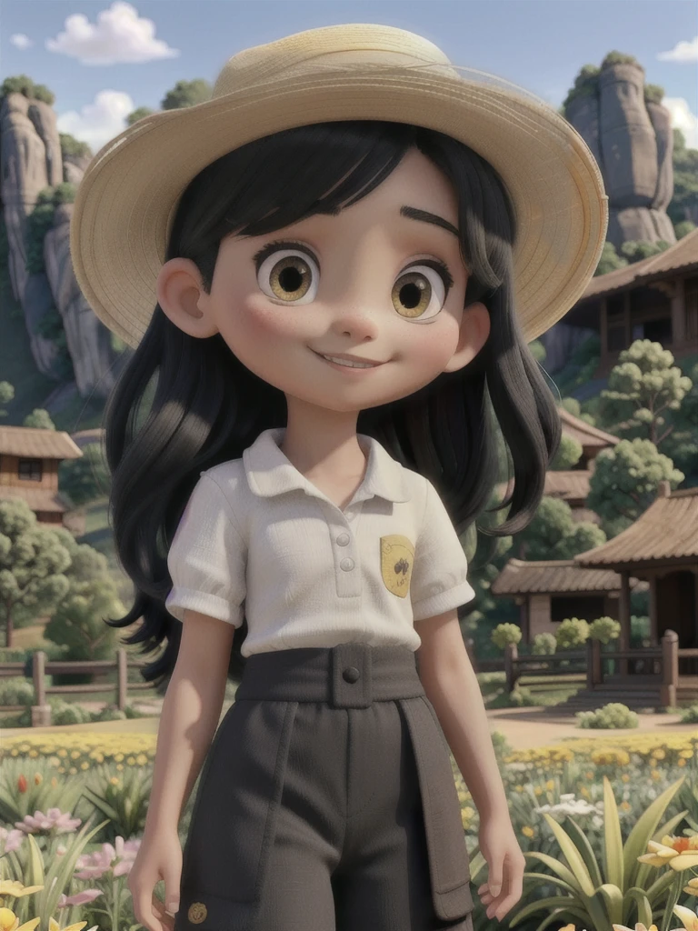 A stunning beauty cute little Javanese girl, her name is Sora, . Beautiful silky black long hair, wearing a straw hat, beautiful black eyes, beautiful pink lips and smiling happily. She's wearing a yellow shirt, and a black jumpsuit with a white cat logo embroided. Also she's wearing white sneakers. She is holding a white tiger cub. A top of mountain full of flowers in the background. Very detailed anatomy, very detailed face, very detailed background, very detailed clothes, very detailed cat. Photorealistic HD image, very wide angle, top to toes, full body, A Masterpiece.