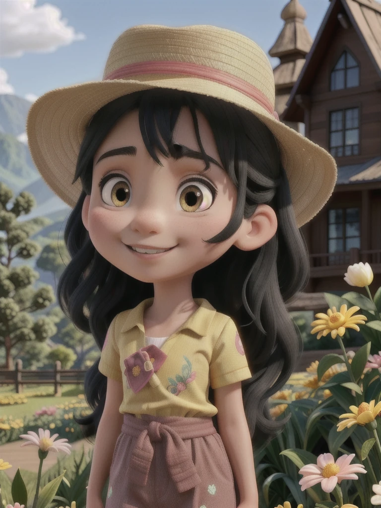 A stunning beauty cute little Javanese girl, her name is Sora, . Beautiful silky black long hair, wearing a straw hat, beautiful black eyes, beautiful pink lips and smiling happily. She's wearing a yellow shirt, and a black jumpsuit with a white cat logo embroided. Also she's wearing white sneakers. She is holding a white tiger cub. A top of mountain full of flowers in the background. Very detailed anatomy, very detailed face, very detailed background, very detailed clothes, very detailed cat. Photorealistic HD image, very wide angle, top to toes, full body, A Masterpiece.