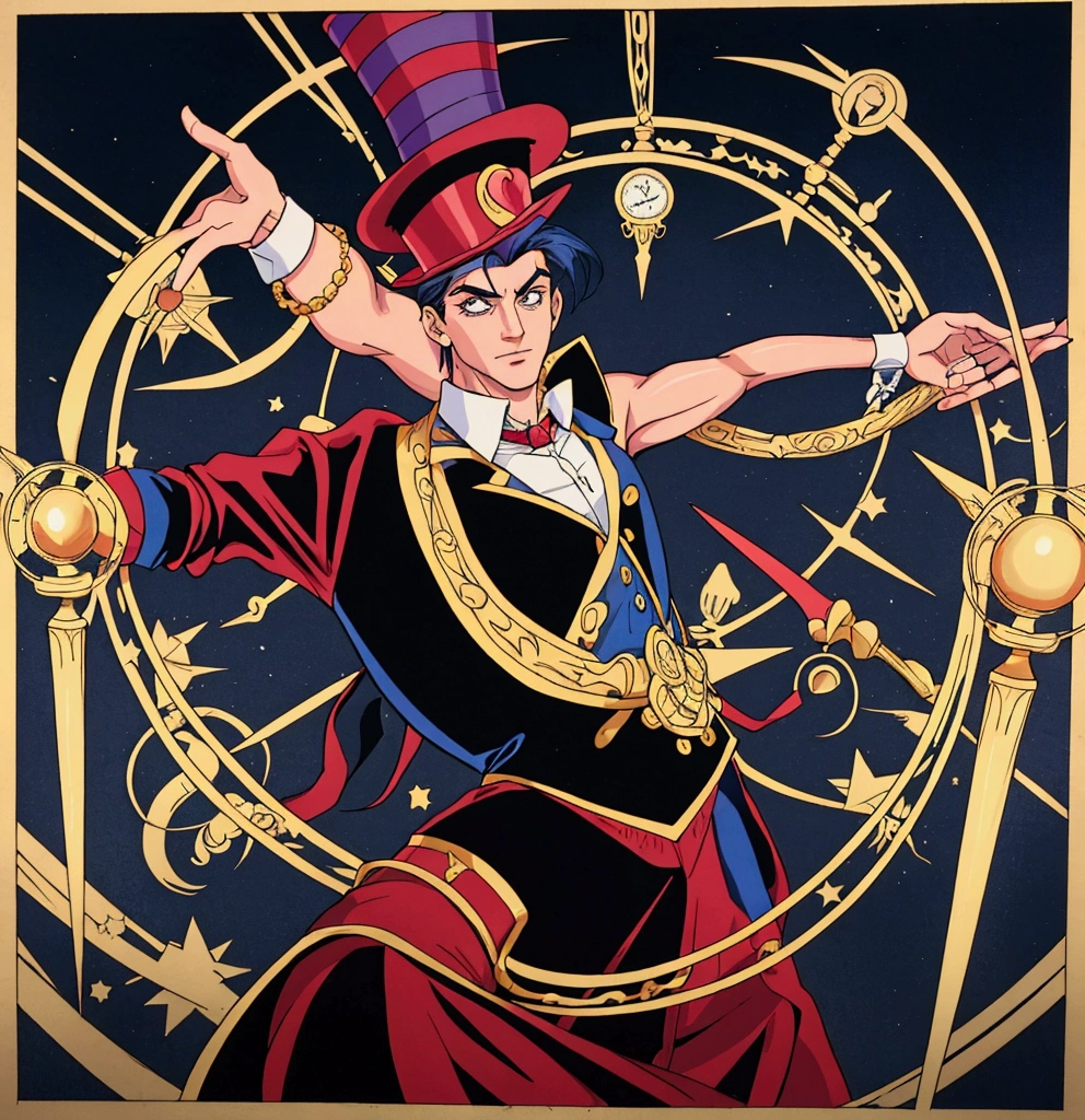 I need a circus magician from the 90s, with the right arm stretched out holding his top hat and the left arm with the elbow bent towards the top hat with a magic wand