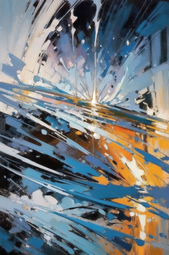 Eric le pape style uInseen creative masterpice IMPRESSIONISM modern abstracttion painting on canvas, made with palette knife, shoal of small silver fishes, painted minimalist as lines of light swim8ng in spiral cal. Tornado formation, boucing back sunlight of silver fishes as car lights blunce on road signs, silver light lines creating an twister tornado like calm spining shoal of silver glowing line underwater reflections, all seen from depth abouve your head, behind fishis sunlights melts seen from underwater, lights beams break down from water depth