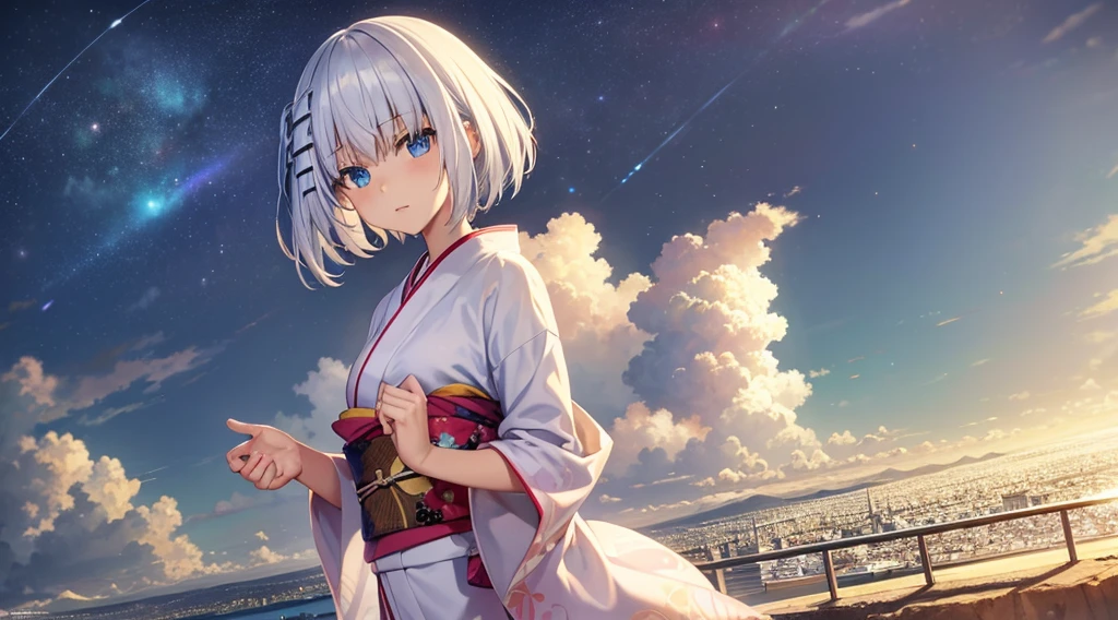 origamitobiichi, origami tobiichi, blue eyes, short hair, hot spring, white hair, hair clips, hair pins, japanese_clothes, kimono, 1girl, solo, white_kimono, floral_print, hair_bun, upper_body, blush, sash, eyebrows_visible_through_hair, blue_kimono, wide_sleeves, bangs, print_kimono, hair_flower, BREAK (masterpiece:1.2), best quality, high resolution, unity 8k wallpaper, (illustration:0.8), (beautiful detailed eyes:1.6), extremely detailed face, perfect lighting, extremely detailed CG, (perfect hands, perfect anatomy), There is a painting of a road with wires and poles, anime countryside landscape, Anime background art, Anime landscape, Highly detailed illustration.”, anime style cityscape, Makoto Shinkai's style, anime backgrounds, Anime landscapes, in the style of makoto shinkai, drawn in anime painter studio, beautiful anime scenery, Anime landscape concept art, low details. Digital painting, full bodyesbian, winter weather, snow