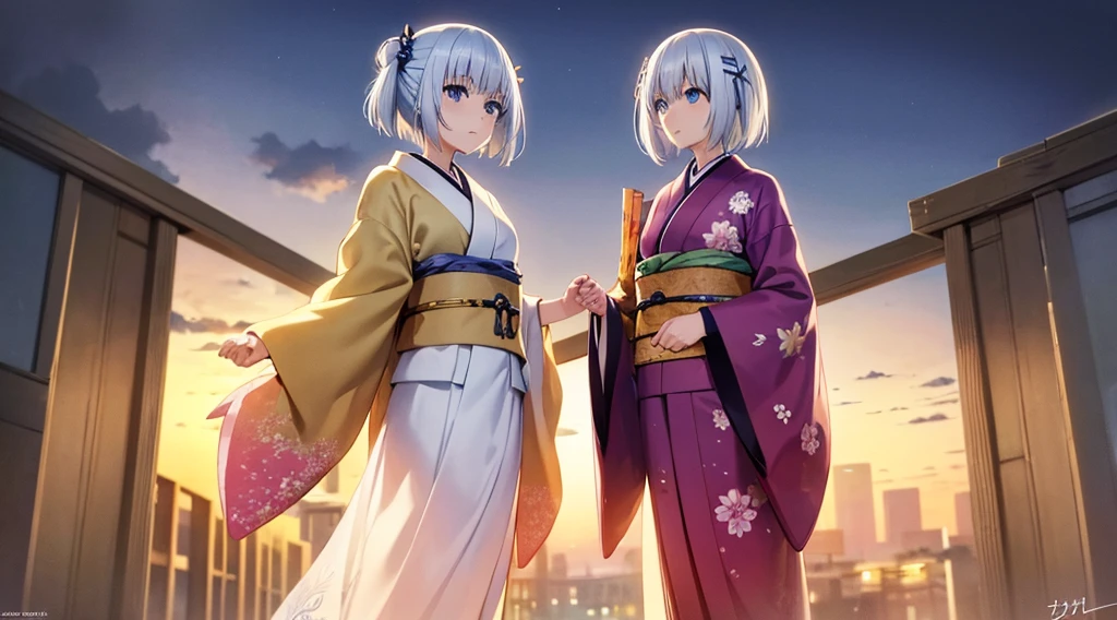 origamitobiichi, origami tobiichi, blue eyes, short hair, hot spring, white hair, hair clips, hair pins, japanese_clothes, kimono, 1girl, solo, white_kimono, floral_print, hair_bun, upper_body, blush, sash, eyebrows_visible_through_hair, blue_kimono, wide_sleeves, bangs, print_kimono, hair_flower, BREAK (masterpiece:1.2), best quality, high resolution, unity 8k wallpaper, (illustration:0.8), (beautiful detailed eyes:1.6), extremely detailed face, perfect lighting, extremely detailed CG, (perfect hands, perfect anatomy), There is a painting of a road with wires and poles, anime countryside landscape, Anime background art, Anime landscape, Highly detailed illustration.”, anime style cityscape, Makoto Shinkai's style, anime backgrounds, Anime landscapes, in the style of makoto shinkai, drawn in anime painter studio, beautiful anime scenery, Anime landscape concept art, low details. Digital painting, full bodyesbian, winter weather, snow