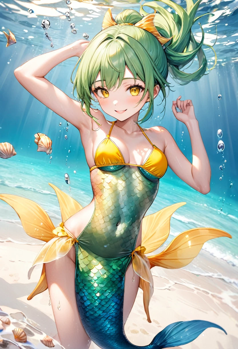 (full body, pov mermaid style swimsuit) (beautifu fighterl body), (solo:2, 15 yo, ponytail green hair long hair sexy mermaid girl, cute yellow eyes, love smile), (in a sexy Seashell bikini swimsuit, mermaid legs, exposure water love ocean), break, in the Swimsuit contest venue, background Double Exposure beautiful ocean, BREAK, perfect anatomy, masterpiece, best quality, 16k, beautiful detailed love, sexy, daydreaming expression.