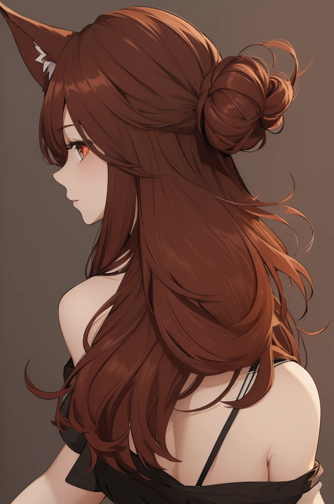 male, dark red hair, long fox ears, long fluffy tail, hair in a messy bun