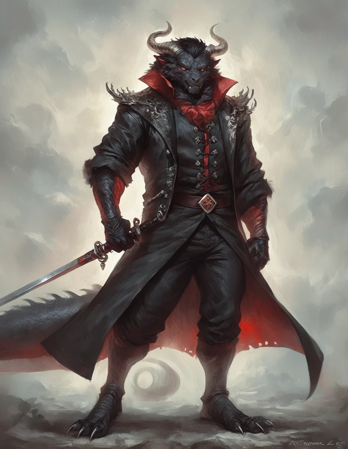 too Average sized, Anthropomorphic dragon his physique is achieved through a meticulous distribution of muscle and fat that creates a bulky body. He is fully and elegantly clothled.Black scales. Black fur. Black Hair. Skin is a rich, deep black, with a subtle shimmer. His eyes are a piercing shade of Imperial red, framed by thick eyebrows. His attire, a black gambeson padded overcoat fabric vest with short sleeves, and with striking red salmon accents and intricate silver metal ornaments, is both functional and symbolic. The gambeson, a padded garment, The silver metal ornaments. Fur is predominantly black with salmon red-colored highlights. His chest hair is kept at a moderate length. Wielding a slashing sword in a rapier-like's hilt. Rapier aggressive stance. His predominant color is black and he got imperial red details. Anthro Artist Taran Fiddler art Style, epic character, olhos detalhados, Olhos lindos, escalas detalhadas., por Adam Marczyński, arte de estilo fantasia sombria, vilão de fantasia ttrpg, retrato de um caçador sangrento, Ancalagon, o Negro, por Arthur Pan, por Yang J, por Tadeusz Pruszkówski