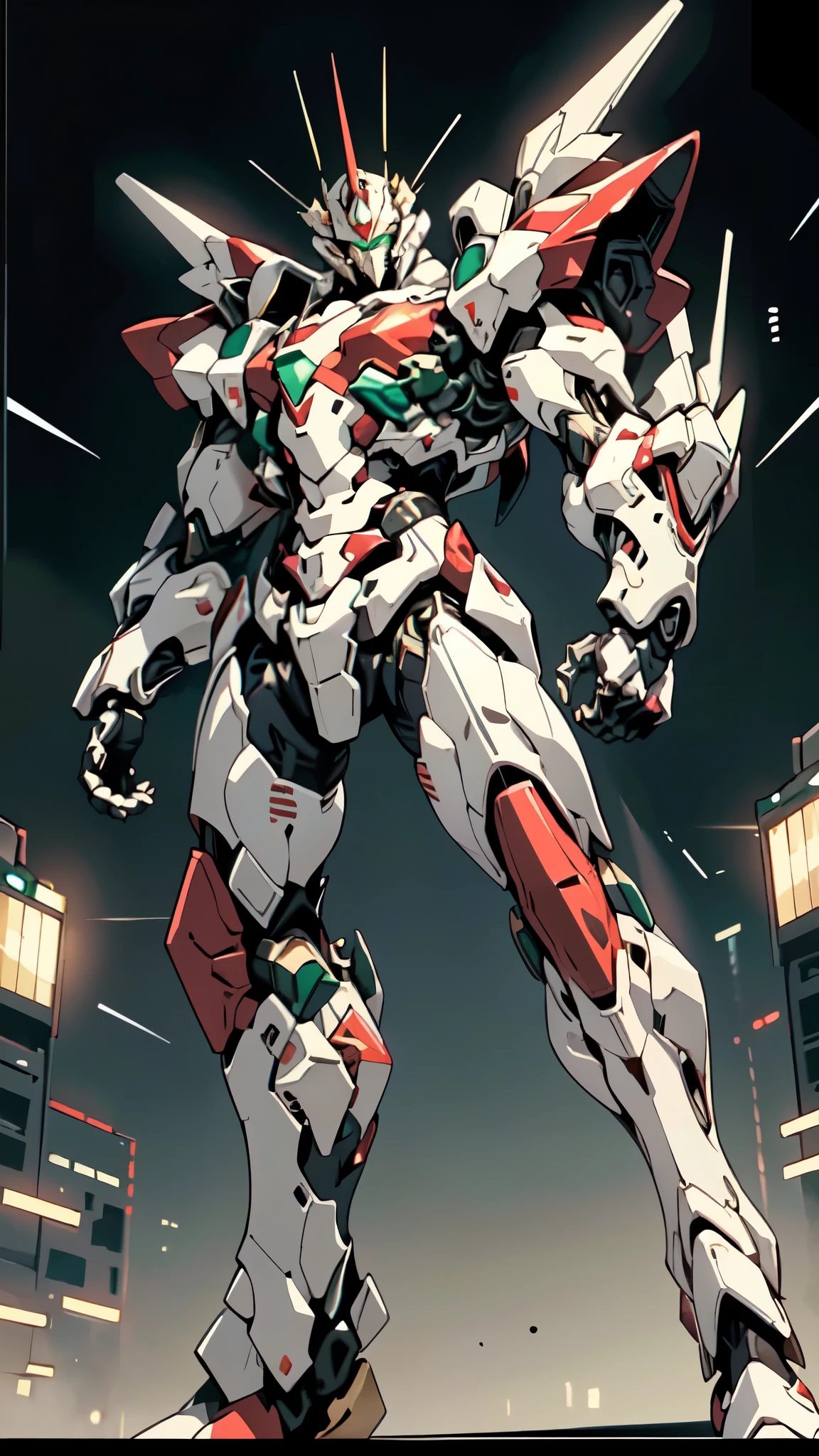 (masterpiece:1.5, best quality:1.5, extremely delicate:1.5, foreshortening:1.5, dynamic angle:1.5), a man wearing a full-face helmet, a fantasy-style biotech armored combat suit, green eyes, (a composite layered chest armor), fully enclosed shoulder guards, matching arm and leg guards, belt of Neon circuit, (the color scheme is primarily white with red green accents), the design balances heavy with agility, a high-tech bio-mecha armor, (Armor Concept Inspired by neon Cyberpunk, stand on the top of a skyscraper in a futuristic sci-fi city), this character embodies a finely crafted fantasy-surreal style armored hero in anime style, exquisite and mature manga art style, (element, plasma, energy, the armor glows), ((male:1.5)), metallic, high definition, highres, ultra-detailed, ultra-fine painting, professional, perfect body proportions, golden ratio, anatomically correct, symmetrical face, extremely detailed eyes and face, high quality eyes, creativity, RAW photo, UHD, 32k, Natural light, cinematic lighting, masterpiece-anatomy-perfect