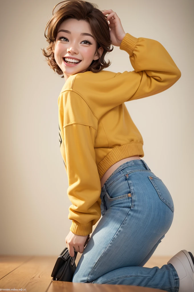 Funnily film character, disney pixar style,3d,with brown hair , eyes browns , jeans, face with happy expression , light yellow skin, white background 8k quality