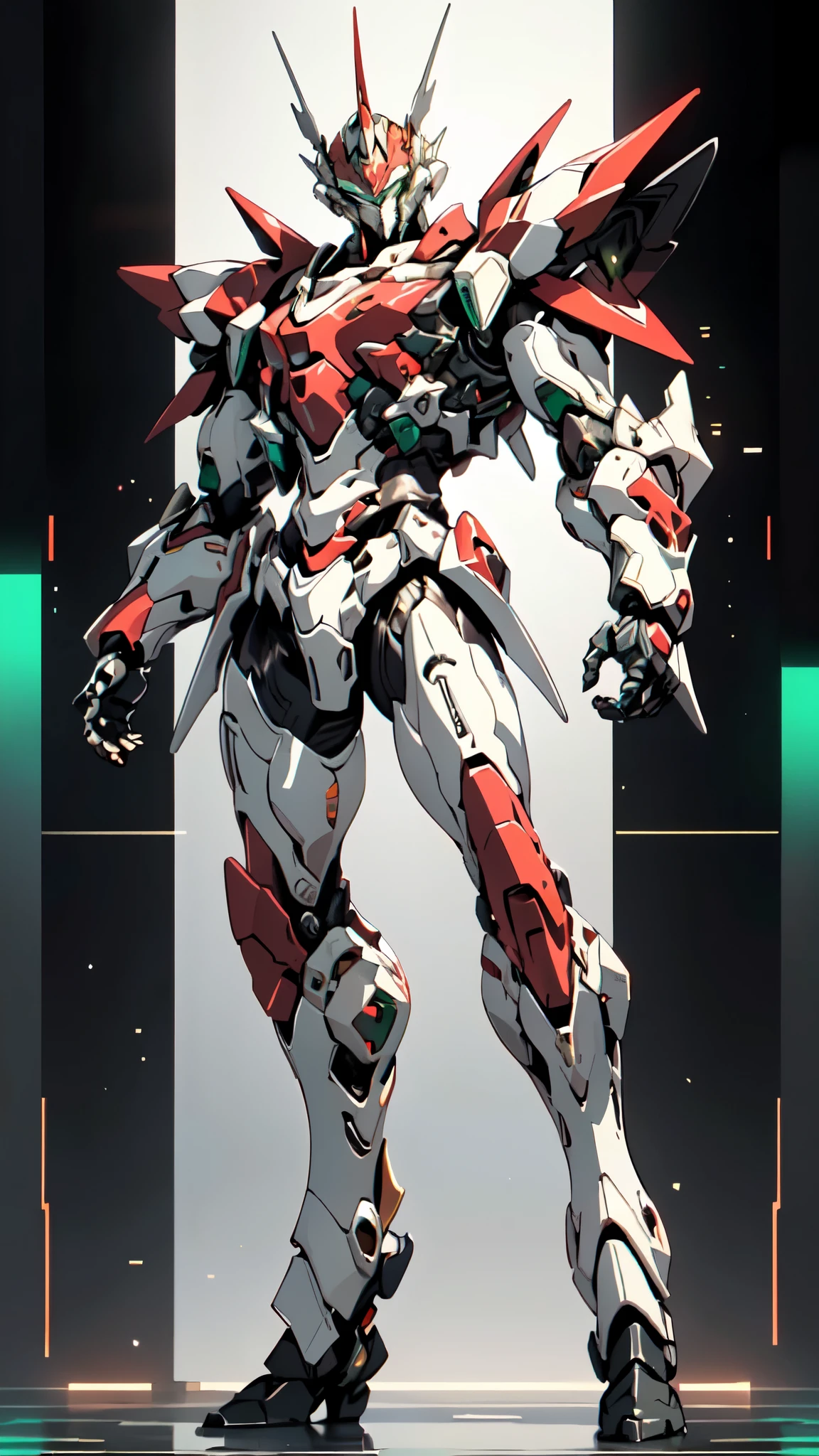 (masterpiece:1.5, best quality:1.5, extremely delicate:1.5, foreshortening:1.5, dynamic angle:1.5), a man wearing a full-face helmet, a fantasy-style biotech armored combat suit, green eyes, (a composite layered chest armor), fully enclosed shoulder guards, matching arm and leg guards, belt of Neon circuit, (the color scheme is primarily white with red green accents), the design balances heavy with agility, a high-tech bio-mecha armor, (Armor Concept Inspired by neon Cyberpunk, stand on the top of a skyscraper in a futuristic sci-fi city), this character embodies a finely crafted fantasy-surreal style armored hero in anime style, exquisite and mature manga art style, (element, plasma, energy, the armor glows), ((male:1.5)), metallic, high definition, highres, ultra-detailed, ultra-fine painting, professional, perfect body proportions, golden ratio, anatomically correct, symmetrical face, extremely detailed eyes and face, high quality eyes, creativity, RAW photo, UHD, 32k, Natural light, cinematic lighting, masterpiece-anatomy-perfect