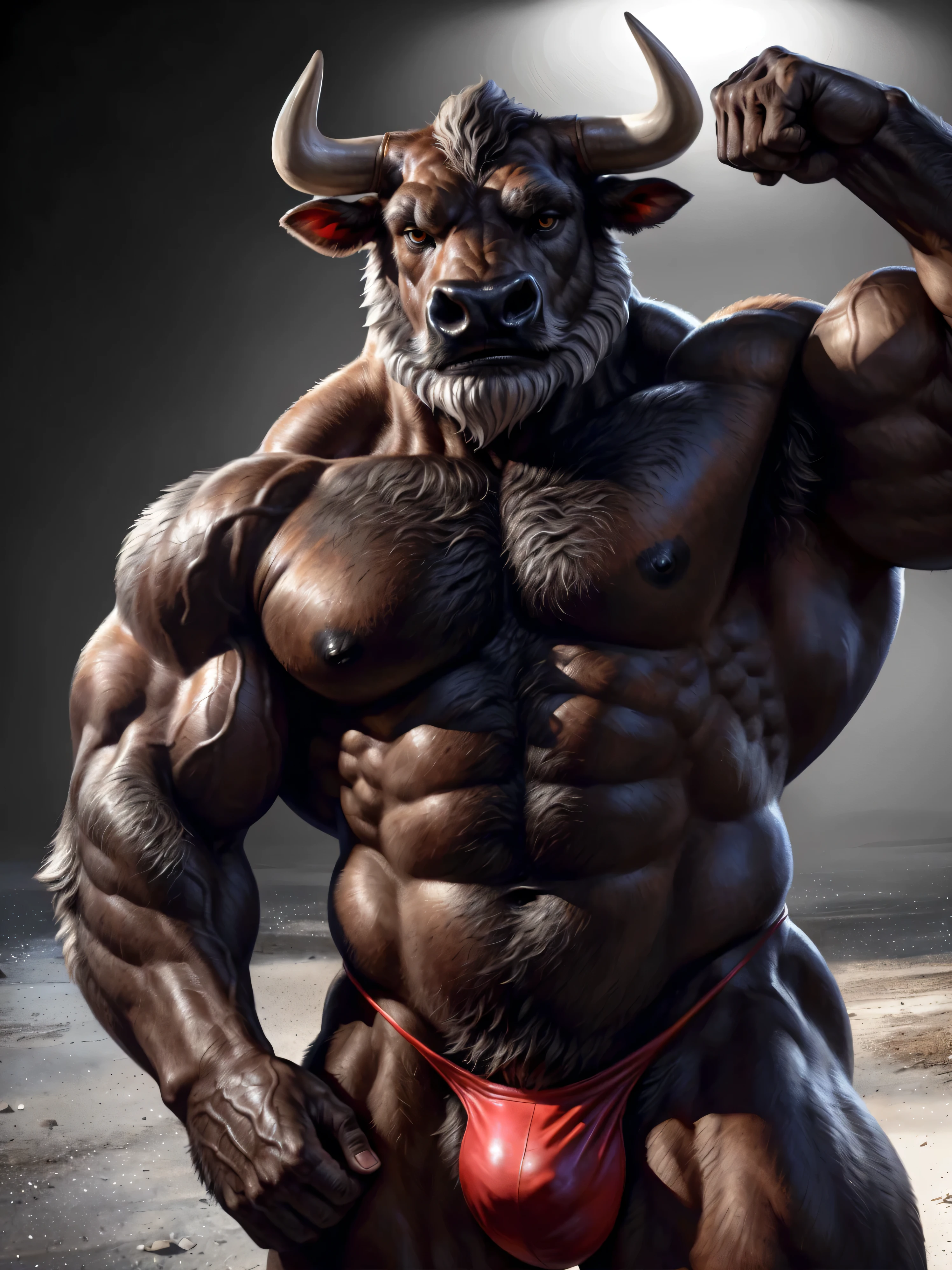 Sharp focus, masterpiece, 8k, intricate artwork, hyper detailed, high detail, best quality, perfect colors, perfect shadows, perfect lighting, posted on e621, furry body, portrait shot, close-up, solo, anthro bull, (massive strongman, veiny biceps, beefy bodybuilder, buff, manly, brutal, masculine:1.3), (short full grey beard:1.6), (monotone brown fur, nails on hands:1.3), (curved big bovine horns), middle-aged, mature, male, correct anatomy, (photorealistic fur, oiled body, tanned, detailed hairs, epic, masterpiece:1.2), detailed bull eyes, by Taran Fiddler, by Rukis, Bonifasko lighting, (by Blotch), (big detailed bulge:0.9), best posture, ((light grey bottomless backdrop)), (epic body flexing, red posing thong:1.4)