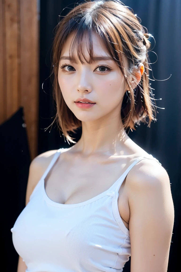 ((Highest quality, 8k, masterpiece: 1.3)), 1 girl, Plump figure: 1.3, (Random Hairstyles: 1.2), Oversized tank top: 1.2, Highly detailed face, Attention to detail, double eyelid, Underarm, Put your arms behind your head, Nipples are visible through the,