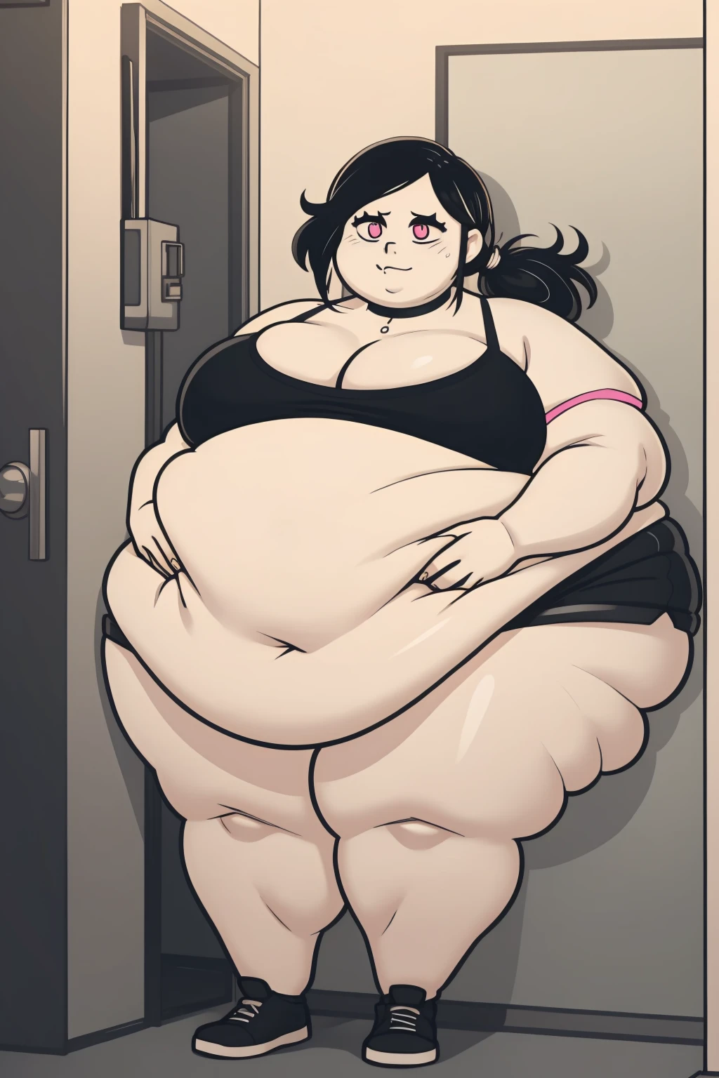 Morbidly obese, full body(Bloated belly:1.1)highres, ashleygraves, 1girl, solo, wide open eyes, pink eyes, low ponytail, white outline, monochrome, choker, indoors, smile, looking at viewer, <3, full body, one hand, spoken heart, zoomed out, Round face, double chin, fat chin, fat cheeks, fat neck, round face, SSBBW, flabby arms, round face, double chin, fat double chin, big double chin, fat neck, chubby cheeks, fat thighs, fat calves, morbidly obese, flabby , giant , large belly, obese, fat face, belly, double chin, obesity, flabby breasts, fat arms and legs, fat everything,