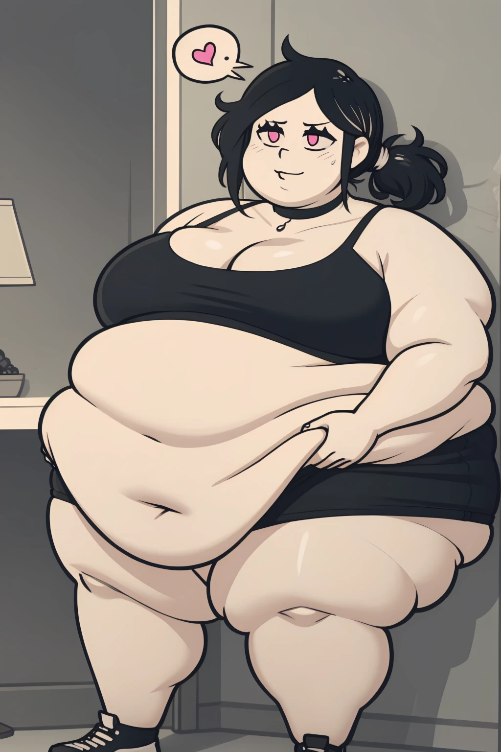 Morbidly obese, full body(Bloated belly:1.1)highres, ashleygraves, 1girl, solo, wide open eyes, pink eyes, low ponytail, white outline, monochrome, choker, indoors, smile, looking at viewer, <3, full body, one hand, spoken heart, zoomed out, Round face, double chin, fat chin, fat cheeks, fat neck, round face, SSBBW, flabby arms, round face, double chin, fat double chin, big double chin, fat neck, chubby cheeks, fat thighs, fat calves, morbidly obese, flabby , giant , large belly, obese, fat face, belly, double chin, obesity, flabby breasts, fat arms and legs, fat everything,