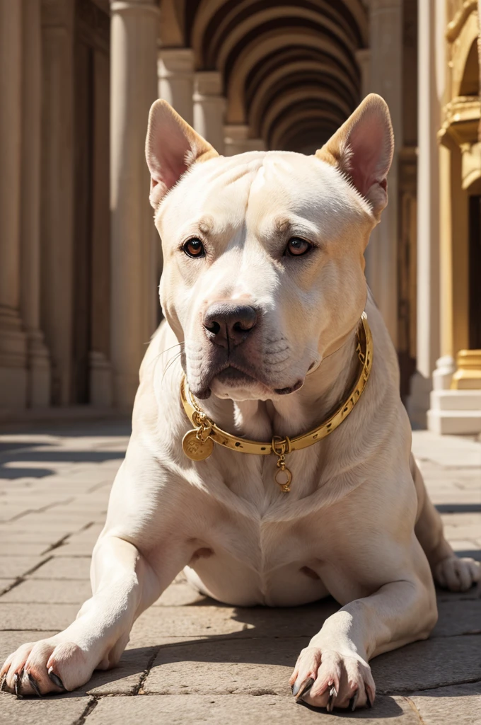 Pitbull Branco, rey , mighty, city of dogs, golden city many ancient valuable objects 
