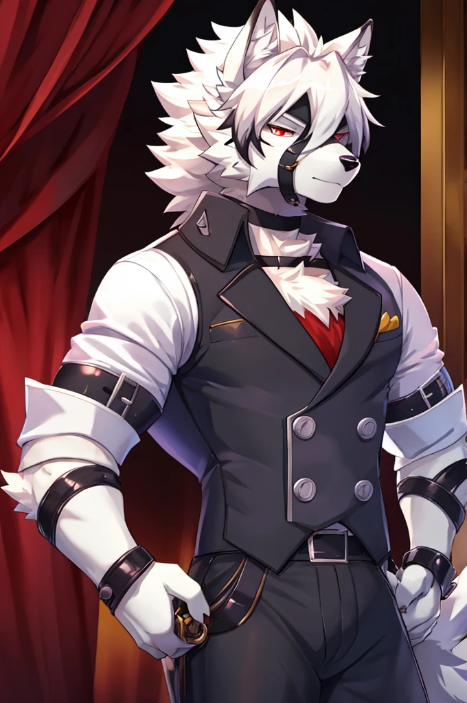 Wolf,Pure white fur,belt,Handsome,hair,Butler,choker,Prosthetic limbs,身体中にbeltを巻いている,Rin々Shii,Red eyes