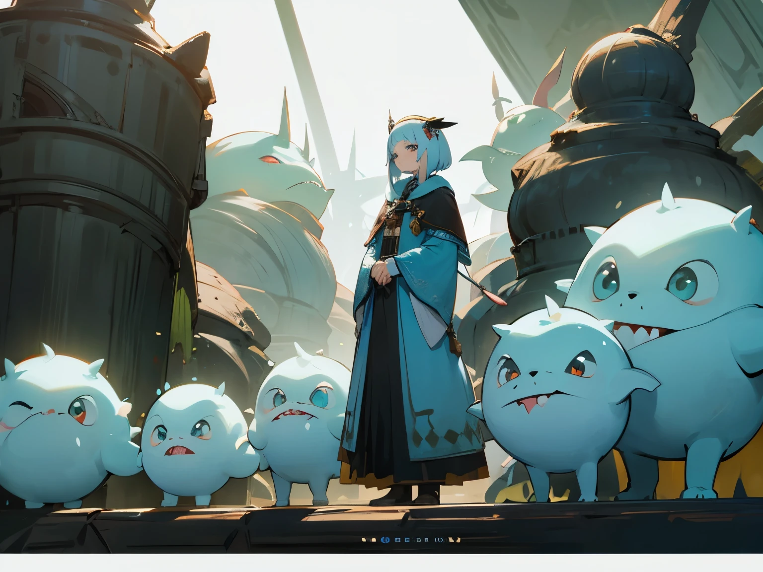 There were 8 cute monsters of various sizes standing around 1 in a scholar's outfit with blue eyes. Floor-length red hair and holding a big book
