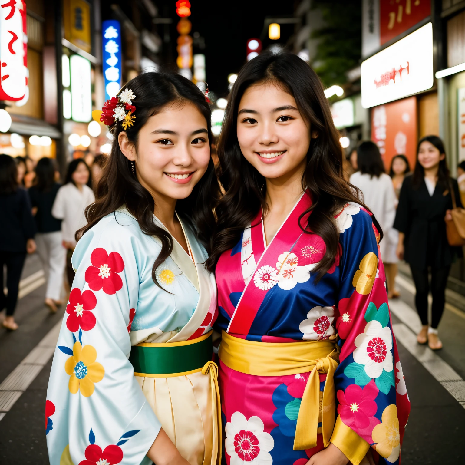 ((best quality)), ((masterpiece)), (detailed), realistic photo of two young girls, one latina with wavy dark hair and one japanese girl with shoulder lenght dark hair, both dressed in colorful japanese traditional kimonos, posing smiling to the camera on a bustling street in Shibuya, Tokyo, in the evening,