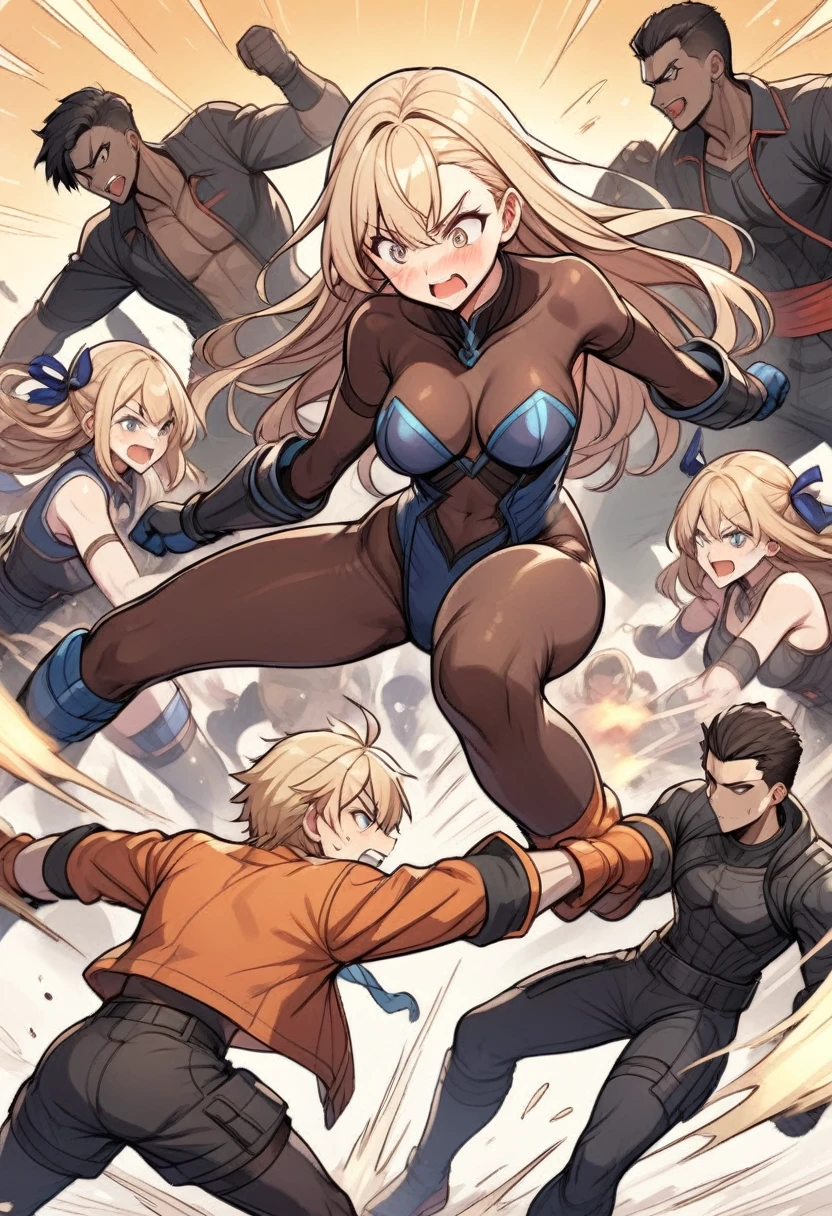 Blond girls bodystocking fight boys