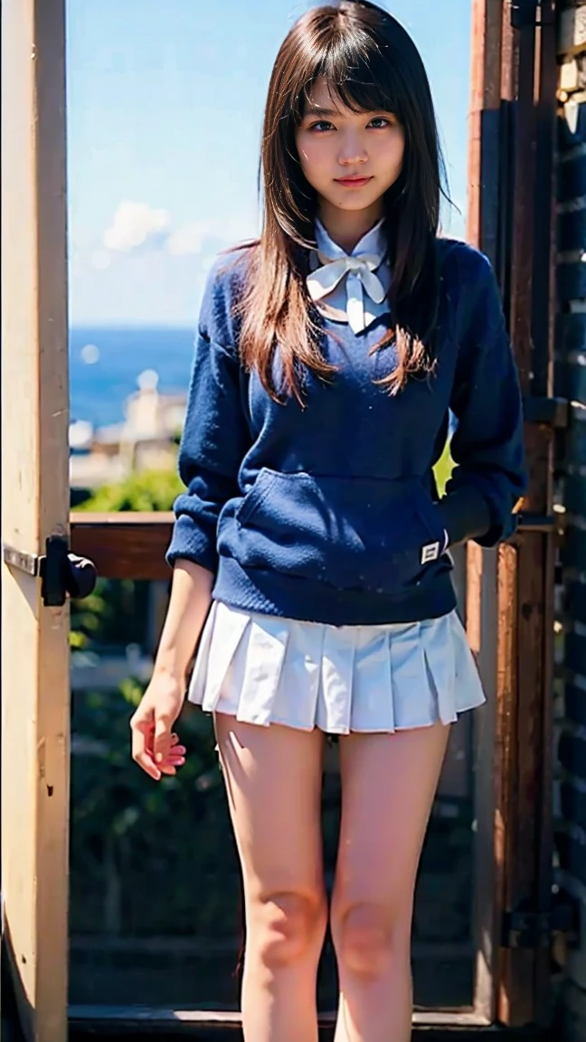 (8k、born、Professional、Highest quality、masterpiece:1.2)、(Genuine、Realistic:1.37)、Very detailed、(18-year-oldの女性のポートレート)、(highest Detail Skin:1.2)、(highest detail face:1.2)、1 Female、18-year-old、(View your audience)、Black Hair、Long Hair、expensive 、日本の高bornセーラー服の、Navy blue ribbon around neck、The wind blew up her pleated miniskirt., Revealing white lace panties.、Sunset sky、The cityscape at dusk can be seen in the distance、Golden Hour