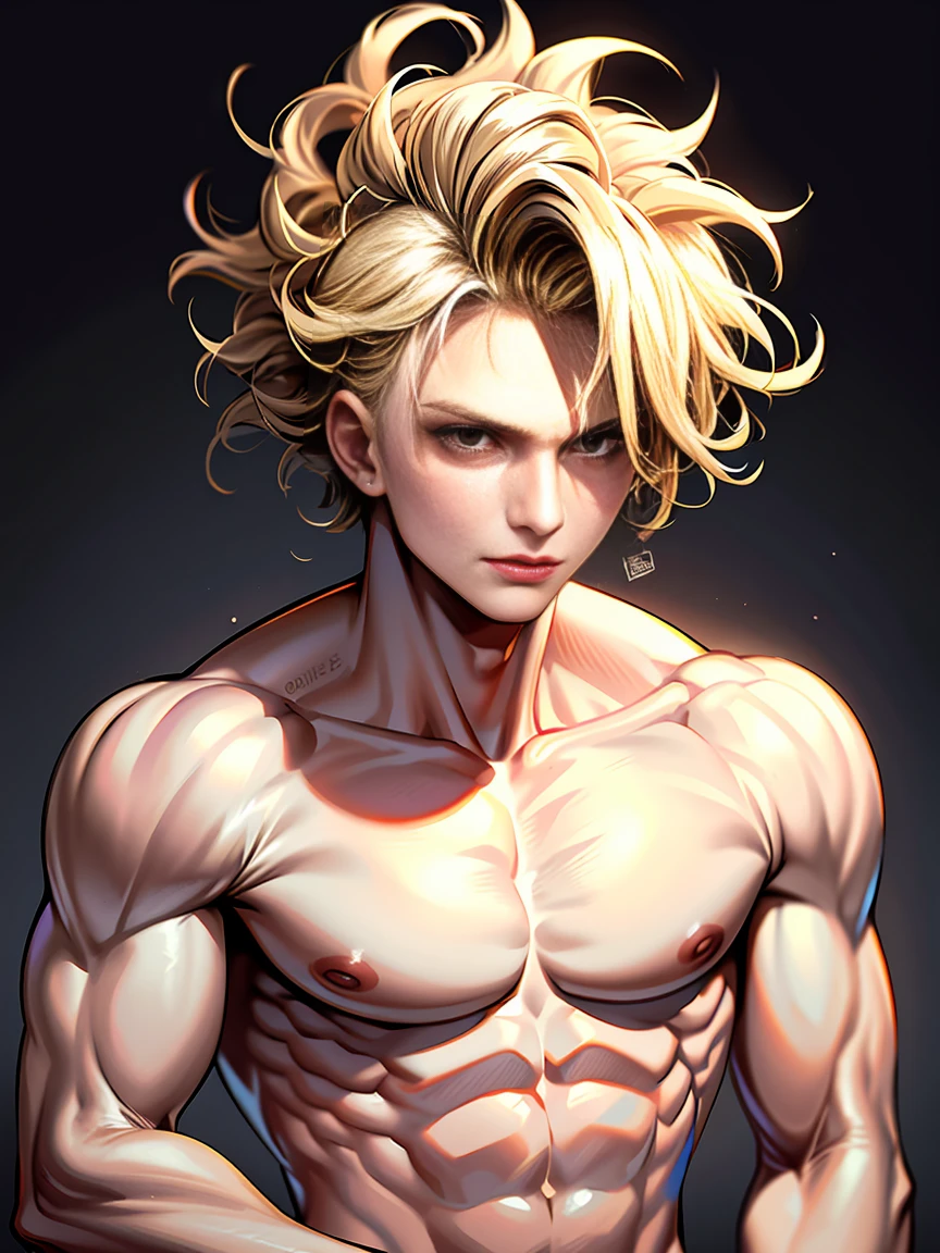 (best quality, masterpiece:1.2), blond hair, masculine, curly hair, spiky hair, tousled hair, attractive face features, 20 years old, slender and toned physique, slightly longer wolf cut, hair styled with wax
