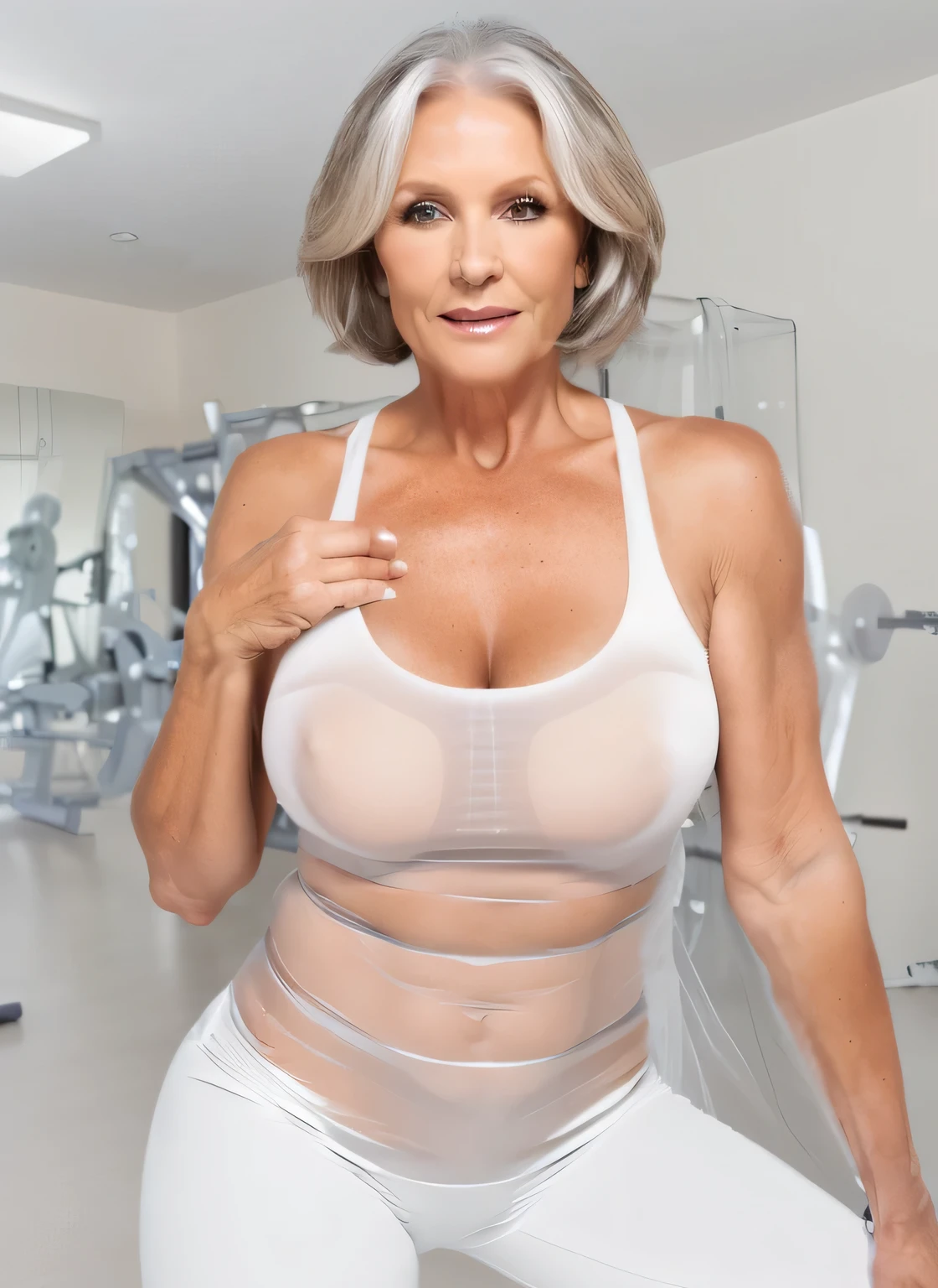 a mature woman in a white top and white pants posing for a picture, she is about 7 0 years old, she is about 6 0 years old, 7 0 years old, 70 years old, she is about 50 years old, fitness model, 5 5 yo, in a gym, well toned, working out, older woman, beautiful upper body, full upper body,55 year old mature woman, hot and sexy mature woman, tanned mature woman with bikini lines, 55 year old woman, mature woman in sensual pose, woman wearing transparent organza costume, slightly gray hair,small biquini white transparent