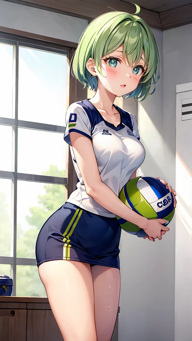 Girl with short green hair, Small size breasts,、Green Eyes, 、,Full body photo from head to toe、Volleyball Player、Volleyball Uniforms、、Uplifting、Leaning forward、、receive、Dive to pick up the ball、Desperate、Sweat、Uplifting、A moving picture、