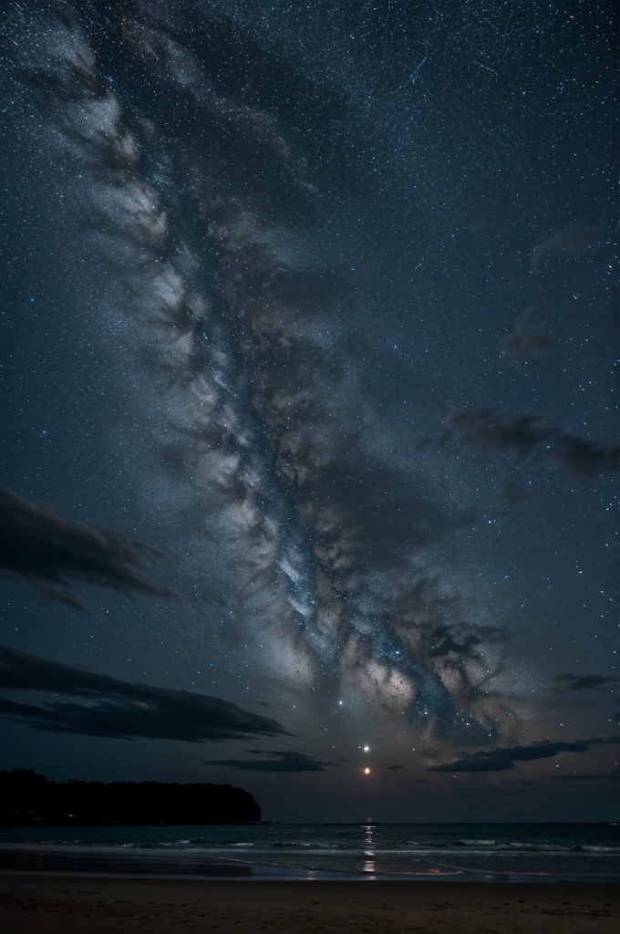 mer avec son eau lumineuse,le ciel sombre avec quelque etoile,sable lumineux,palmier autour