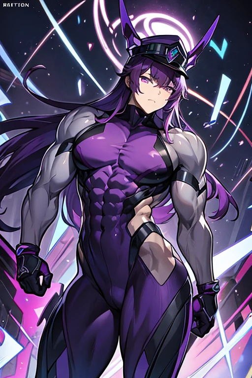 muscular robot man, PURPLE HAIR, black cap, purple eyes, gay, NSFW +18