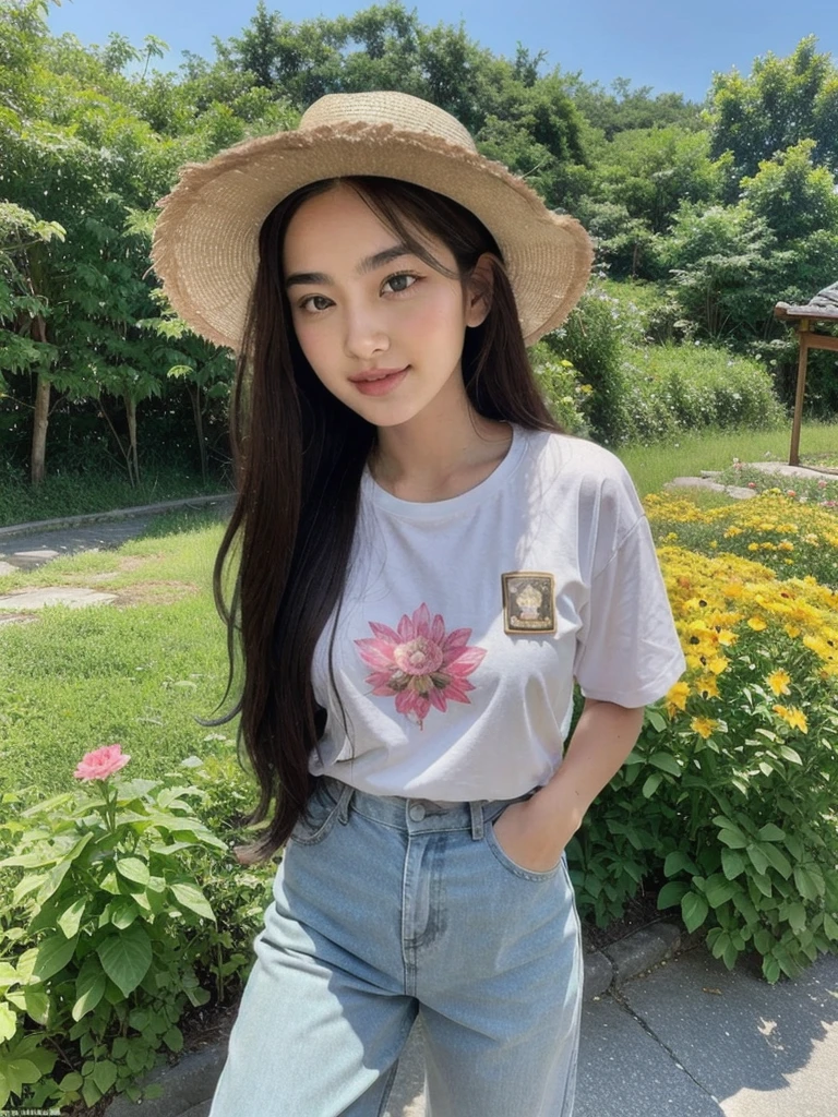A stunning beauty cute little Javanese girl, her name is Sora, 5 years old. Beautiful silky black long hair, wearing a straw hat, beautiful black eyes, beautiful pink lips and smiling happily. She's wearing a yellow shirt, and a black jumpsuit with a white cat logo embroided. Also she's wearing white sneakers. She is holding a white tiger cub. A top of mountain full of flowers in the background. Very detailed anatomy, very detailed face, very detailed background, very detailed clothes, very detailed cat. Photorealistic HD image, very wide angle, top to toes, full body, A Masterpiece.