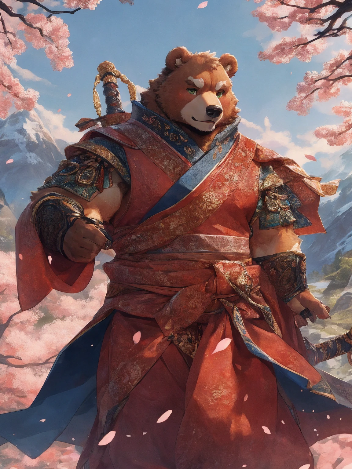 1. **type**:Bear
2. **gender**:Male 3. **appearance**:Brown fur,green eyes,thick physique
4. **Clothing and Decoration**:Wearing ancient warrior armor,Carrying a huge sword on his back,Wearing a samurai helmet
#### Scenography
1. **background**:古代日本style的山間寺廟,寺廟周圍有Cherry tree和Stone lanterns
2. **detail**:Sakura petals falling in the air,Mountain peaks are faintly visible in the distance
#### Text content
1. **theme**:Glory and Protection 2. **intonation**:Solemn and inspiring 3. **Sentence Structure**:`"Guard the Faith,"Defend the Glory"`
#### 圖像style
1. **style**:Epic and traditional combined,Has strong oriental cultural elements 2. **tone**:Soft pinks combined with stately browns and golds,Highlighting the majesty of the samurai and the beauty of the cherry blossoms
#### 其他detail
1. **Posture and expression**:
- Bear站在寺廟前,Hold a greatsword,firm eyes,Show protection and determination
2. **background元素**:
- 古代日本style的寺廟,Cherry tree,Stone lanterns,Falling cherry blossom petals,distant mountain peaks
### final design 1. **role conception**
- **Bear**:Brown fur,green eyes,thick physique。Wearing ancient warrior armor,Carrying a huge sword on his back,Wearing a samurai helmet。
2. **Scenography**
- **background**:日本style的山間寺廟,寺廟周圍有Cherry tree和Stone lanterns。Sakura petals falling in the air,Mountain peaks are faintly visible in the distance。
3. **Text content**
- below or above the diagram,Written in a solemn and inspiring font:`"Guard the Faith,"Defend the Glory"`
### Image design recommends that you use design software(Like Photoshop、Procreate等)To realize this picture。The following are specific step-by-step recommendations:
1. **background創建**:畫出日本style的山間寺廟background,包括Cherry tree、Stone lanterns、Falling cherry blossom petals和distant mountain peaks。
2. **character drawing**:根據描述繪製男性Bear角色,特別注意武士鎧甲和巨劍的detail。
3. **Posture and expression**:Bear站在寺廟前,Hold a greatsword,firm eyes,Show protection and determination。
4. **Add text**:Choose the right location,使用莊嚴和鼓舞的字體將Text content`"Guard the Faith,"Defend the Glory"`Add to diagram。