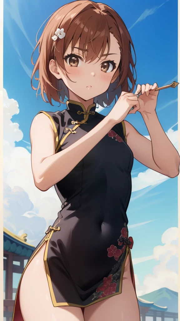 (masterpiece, best quality, 8k:1.2),Very detailed, (anime:1.1), misaka_mikoto, brown hair, short hair, hairpin, small medium breasts, 1girl, (China dress, Chinese Martial Arts), cowboy shot, looking at viewer,