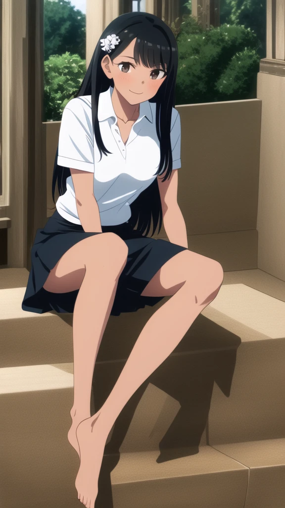 ((best quality)), ((masterpiece)), (details), one girl, sexy ((best quality)), ((masterpiece)), (details), one girl, sexy ((best quality)), ((masterpiece)), (details), one girl, full body, sexy expensive body, expensive, long legs, mature woman, mature, adult, it_nagatoro_main, Hayase Nagatoro, one girl, blushing, alone, uniform polo shirt, short sleeves, black hair,brown eyes, hair accessory, looking at viewer, hair clip, smiling, long hair, dark skinned woman, dark skin, , bangs, daytime, skirt, collared shirt, collarbone, ear clip, mouth closed, tree, asymmetrical bangs, upper body