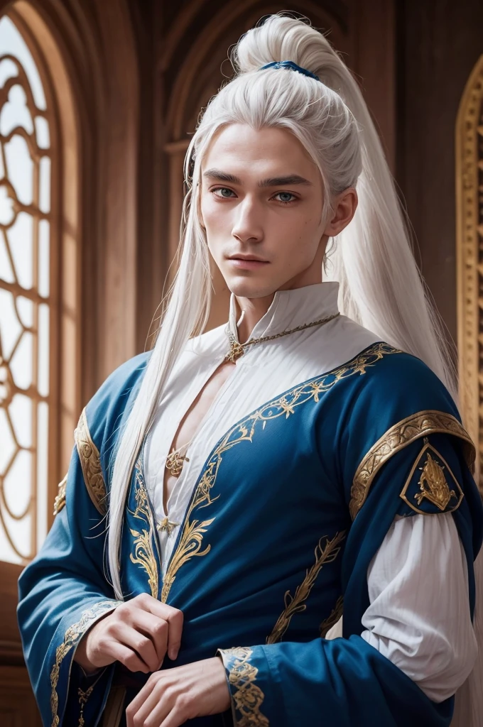 Create a fantasy character for my story. The character is a nobleman who lives in an isolated castle with some of his servants.. The character has long white hair tied in a ponytail., has fair skin and noble blue clothing with some white and gold details.