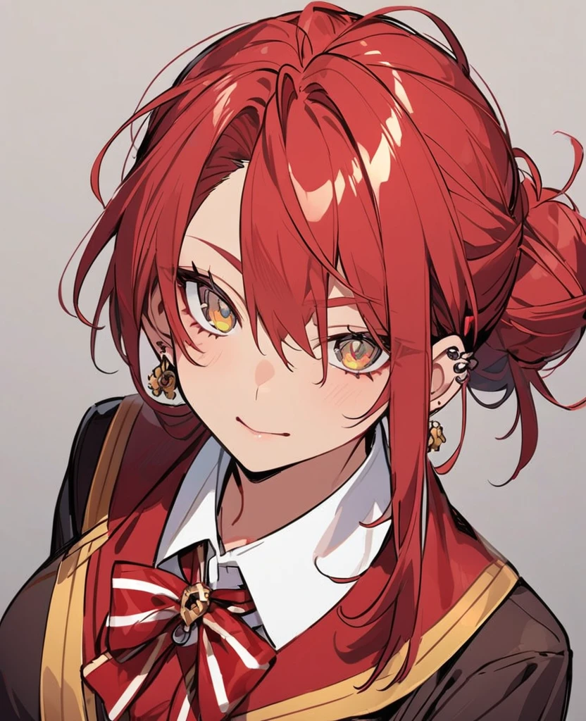 Female,5'6,pierced ears,light skin,hazel eyes,red long hair in a messy bun ,hogwards uniform