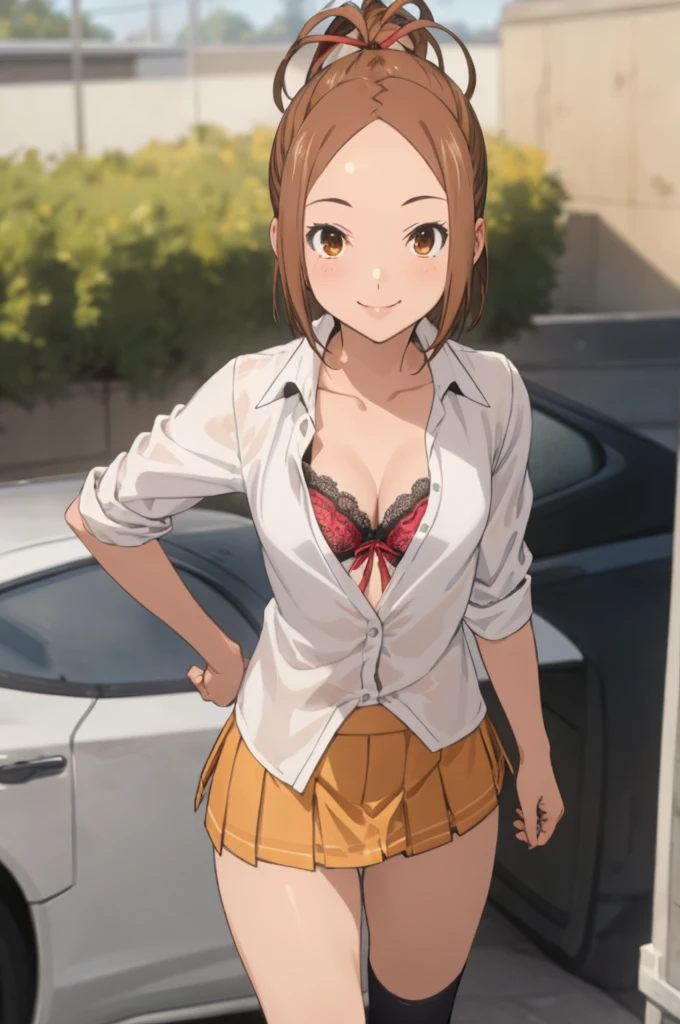 miyoshi kaya, light brown hair, high ponytail,small breasts, orange eyes, parted bangs, forehead,
 1girl,solo,looking at viewer, ,smile,,lace bra,ribbon,white shirts,miniskirt,socks,outdoor,cleavage