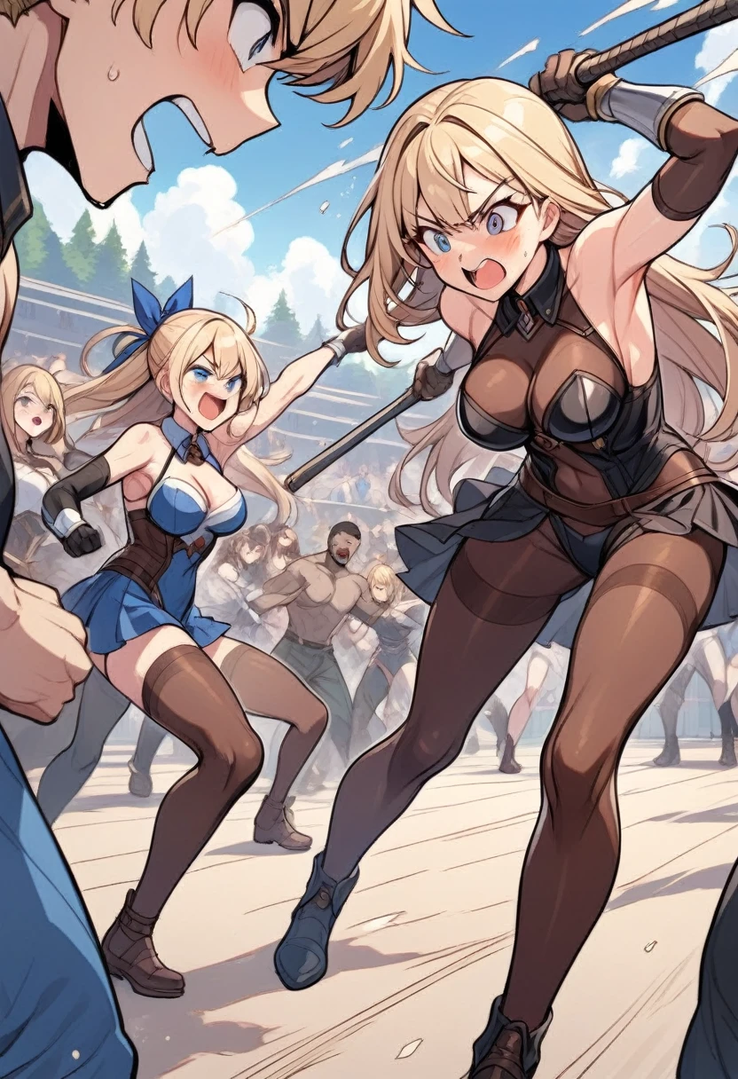 Blond girls bodystocking  fight boys