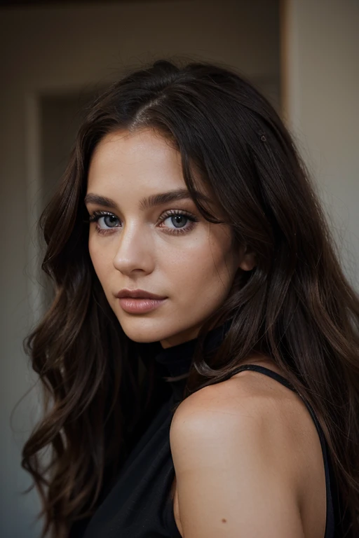 29 year old woman, long brown slightly curly hair, blue eye, visage parfait, professional makeup like model, C et portant un haut noir