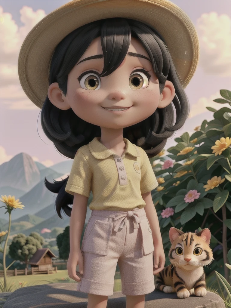 A stunning beauty cute little Javanese girl, her name is Sora, 5 years old. Beautiful silky black long hair, wearing a straw hat, beautiful black eyes, beautiful pink lips and smiling happily. She's wearing a yellow shirt, and a black jumpsuit with a white cat logo embroided. Also she's wearing white sneakers. She is holding a white tiger cub. A top of mountain full of flowers in the background. Very detailed anatomy, very detailed face, very detailed background, very detailed clothes, very detailed cat. Photorealistic HD image, very wide angle, top to toes, full body, A Masterpiece.