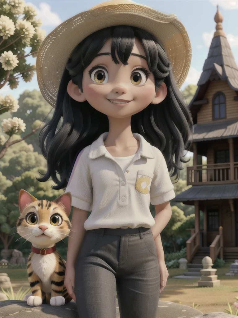A stunning beauty cute little Javanese girl, her name is Sora, 5 years old. Beautiful silky black long hair, wearing a straw hat, beautiful black eyes, beautiful pink lips and smiling happily. She's wearing a yellow shirt, and a black jumpsuit with a white cat logo embroided. Also she's wearing white sneakers. She is holding a white tiger cub. A top of mountain full of flowers in the background. Very detailed anatomy, very detailed face, very detailed background, very detailed clothes, very detailed cat. Photorealistic HD image, very wide angle, top to toes, full body, A Masterpiece.