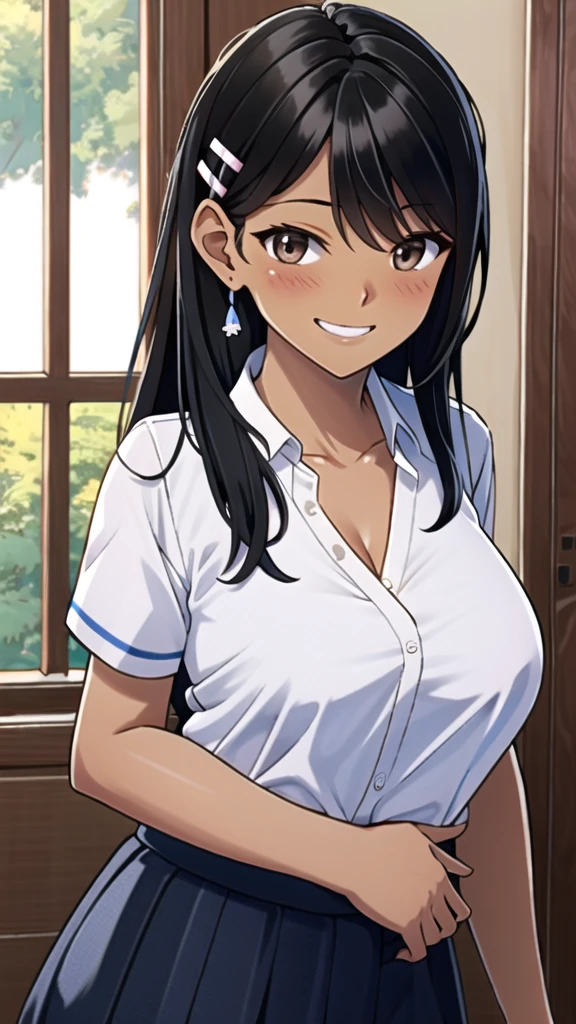 ((best quality)), ((masterpiece)), (details), one girl, sexy ((best quality)), ((masterpiece)), (details), one girl, sexy ((best quality)), ((masterpiece)), (details), one girl, full body, sexy expensive body, expensive, long legs, mature woman, mature, adult, it_nagatoro_main, Hayase Nagatoro, one girl, blushing, alone, uniform polo shirt, short sleeves, black hair,brown eyes, hair accessory, looking at viewer, hair clip, smiling, long hair, dark skinned woman, dark skin, , bangs, daytime, skirt, collared shirt, collarbone, ear clip, mouth closed, tree, asymmetrical bangs, upper body