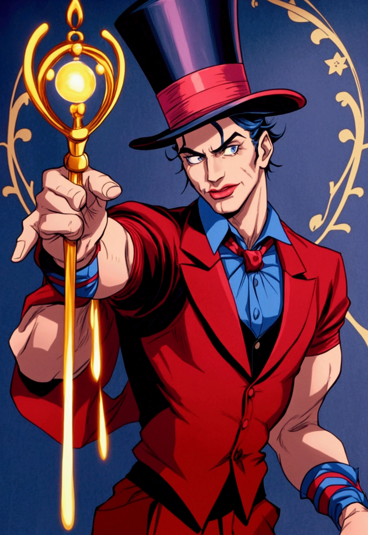 I need a circus magician from the 90s (naughty man), with the right arm stretched out holding his top hat in front of his body and the left arm with the elbow bent towards the top hat with a magic wand