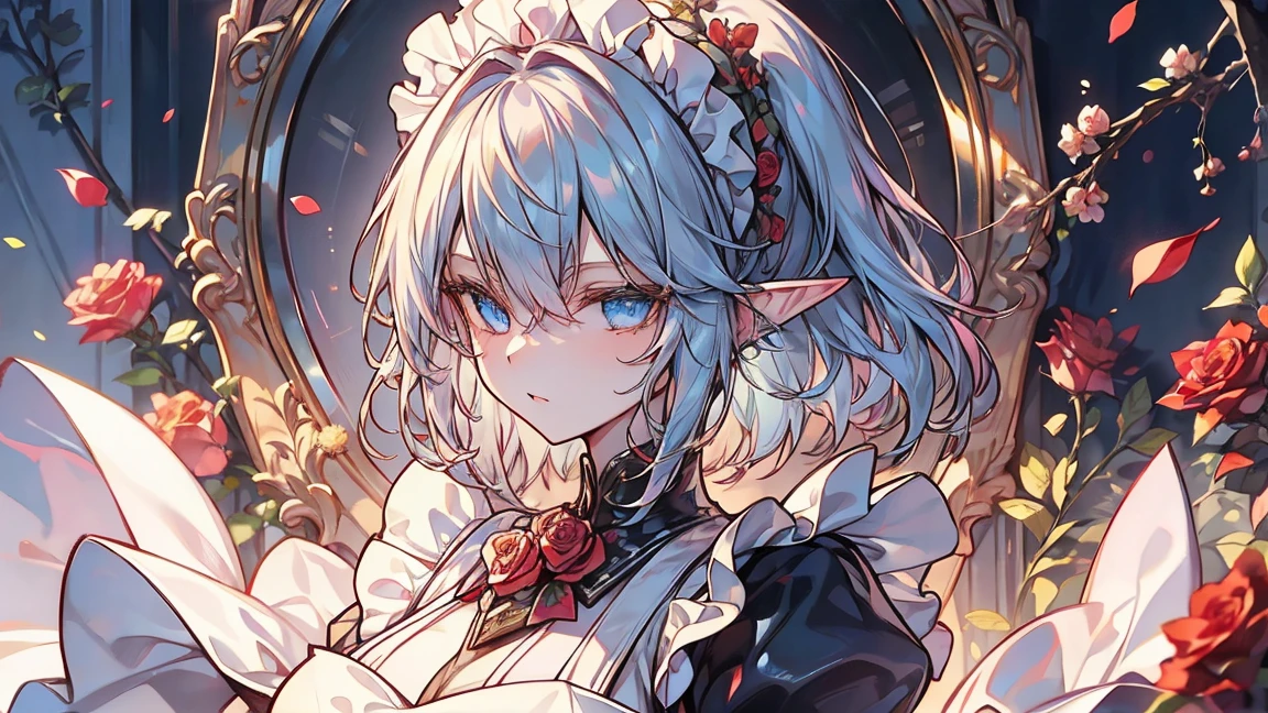 blue hair, medium hair, floating hair, big hair, eyeball, blue eyes, high detailed eyes, long pointy ears, anime, by Alfons Mucha, blending, masterpiece, accurate, textured skin, best quality, highres, super detail, 8k,elf, mature lady, maid, Maid outfit, frilly apron, (Rose Garden), red roses

