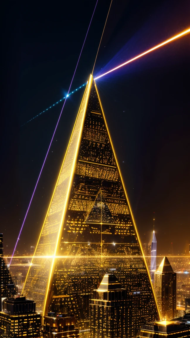 A futuristic background of a golden glass pyramid with laser beams leads to a hyper-realistic scific city with huge skyscrapers. The hyper resolution of the background is 4k and has an aspect ratio of 16:9.golden pyramid, masterpiece, anatomically correct, super detail, high quality, best quality, 8k, 16k, high details