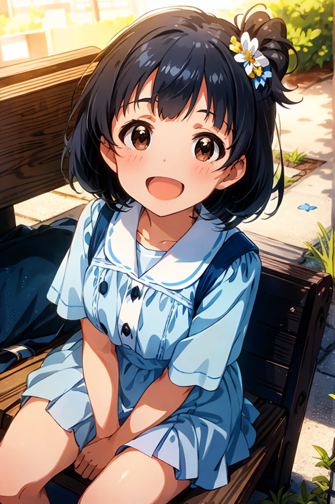 iku nakatani (million live), wearing a white and blue sailor  outfit, ribbon bow, (sitting on a park bench), (smartphone on her lap), ((happy smiles at the viewer)), :D, black hair, brown eyes, hair ornament, short hair, full body, cowboy shot, blue skirt, 
BREAK
, ((masterpiece, best quality)), 8k, cinematic angle, shiny skin, shiny hair, detailed eyes, anime screenshot,