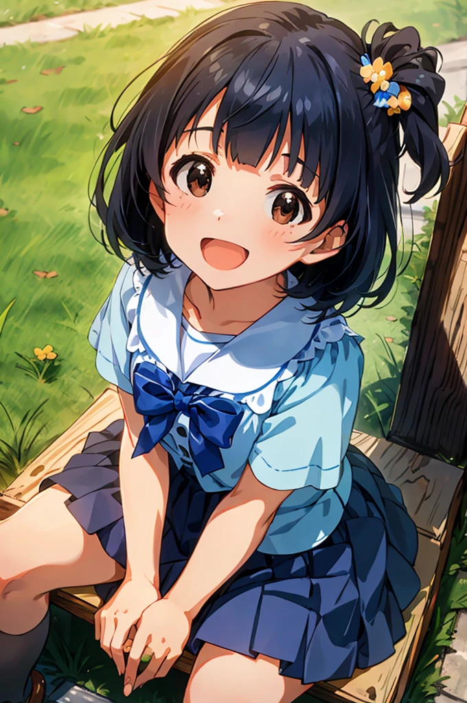 iku nakatani (million live), wearing a white and blue sailor  outfit, ribbon bow, (sitting on a park bench), (smartphone on her lap), ((happy smiles at the viewer)), :D, black hair, brown eyes, hair ornament, short hair, full body, cowboy shot, blue skirt, 
BREAK
, ((masterpiece, best quality)), 8k, cinematic angle, shiny skin, shiny hair, detailed eyes, anime screenshot,