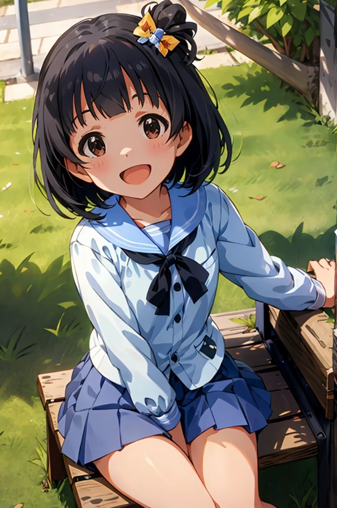 iku nakatani (million live), wearing a white and blue sailor  outfit, ribbon bow, (sitting on a park bench), (smartphone on her lap), ((happy smiles at the viewer)), :D, black hair, brown eyes, hair ornament, short hair, full body, cowboy shot, blue skirt, 
BREAK
, ((masterpiece, best quality)), 8k, cinematic angle, shiny skin, shiny hair, detailed eyes, anime screenshot,