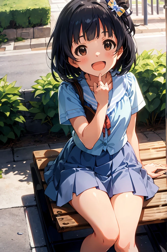 iku nakatani (million live), wearing a white and blue sailor  outfit, ribbon bow, (sitting on a park bench), (smartphone on her lap), ((happy smiles at the viewer)), :D, black hair, brown eyes, hair ornament, short hair, full body, cowboy shot, blue skirt, 
BREAK
, ((masterpiece, best quality)), 8k, cinematic angle, shiny skin, shiny hair, detailed eyes, anime screenshot,