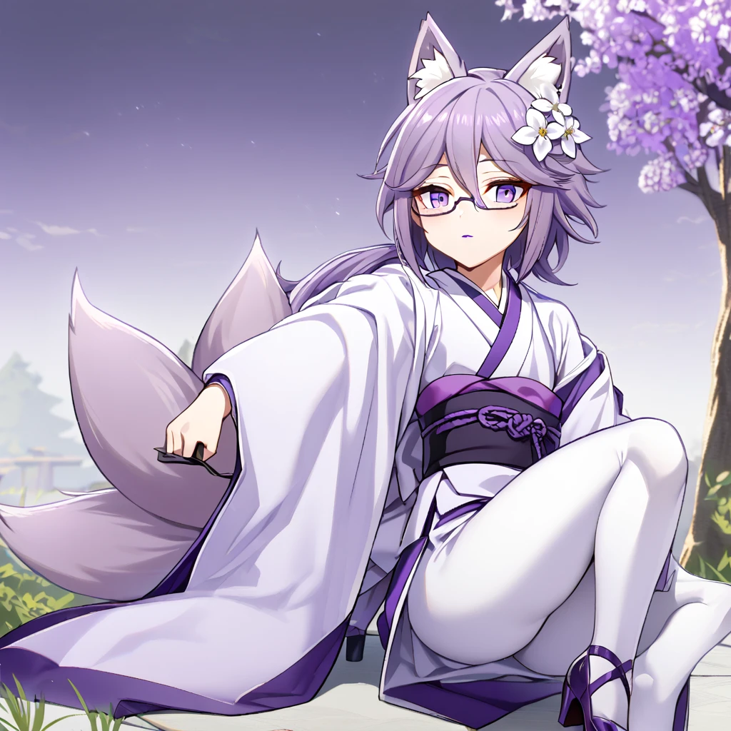1fox boy, androgynus body, fox ears, fox tail, long purple hair, white flower on the head, perfect eyes, purple eyes, glasses, purple lipstick, serene face, white and purple kimono, long white stockings, purple heels, purple umbrella in the hand, big ass, Sakuras tree background