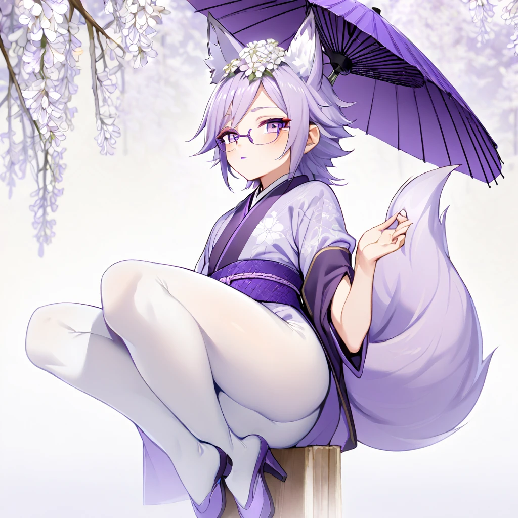 1fox boy, androgynus body, fox ears, fox tail, long purple hair, white flower on the head, perfect eyes, purple eyes, glasses, purple lipstick, serene face, white and purple kimono, long white stockings, purple heels, purple umbrella in the hand, big ass, Sakuras tree background