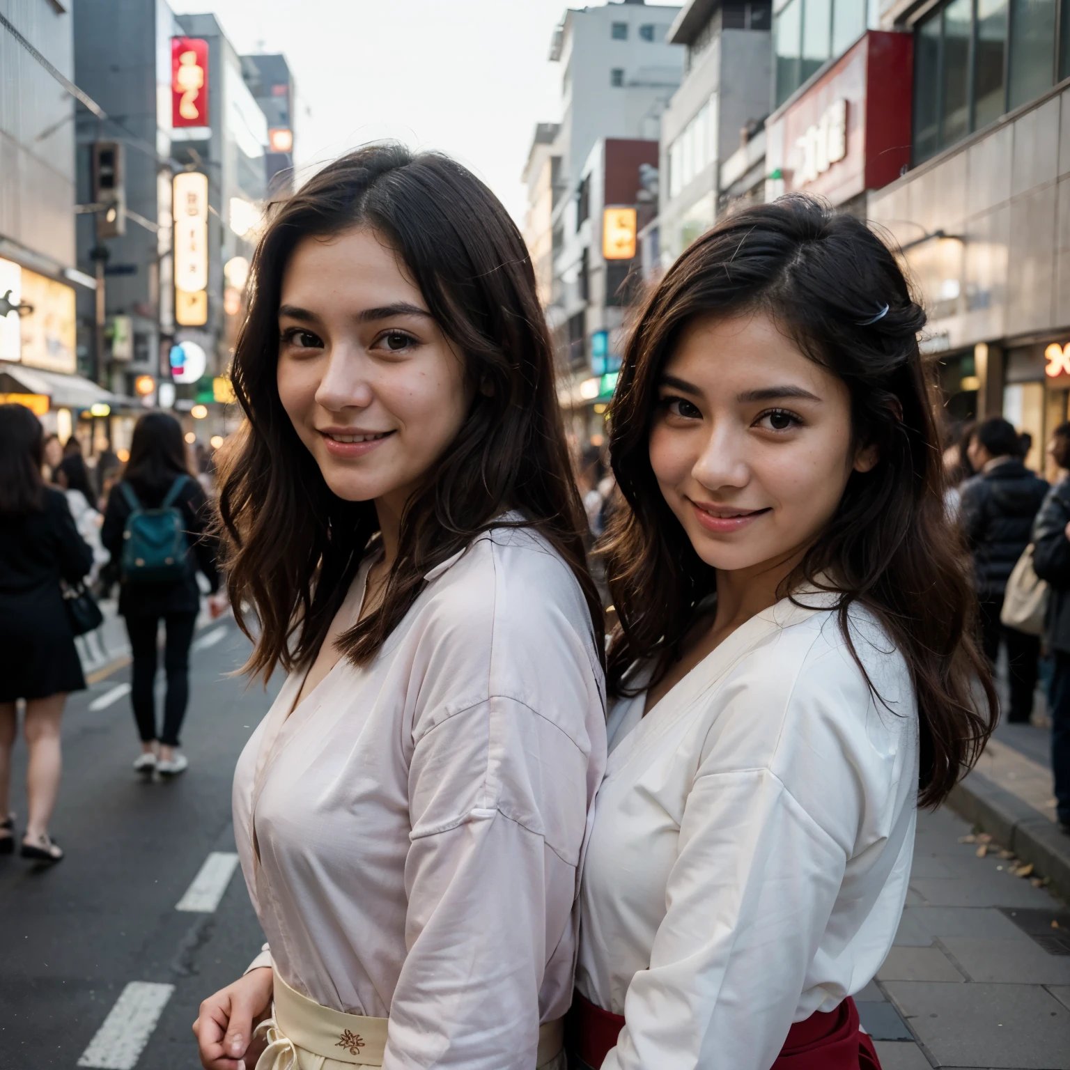 ((best quality)), ((masterpiece)), (detailed), realistic photo of two young girls, one latina with wavy dark hair and one japanese girl with shoulder lenght dark hair, both dressed in colorful japanese traditional kimonos, posing smiling to the camera on a bustling street in Shibuya, Tokyo, in the evening,