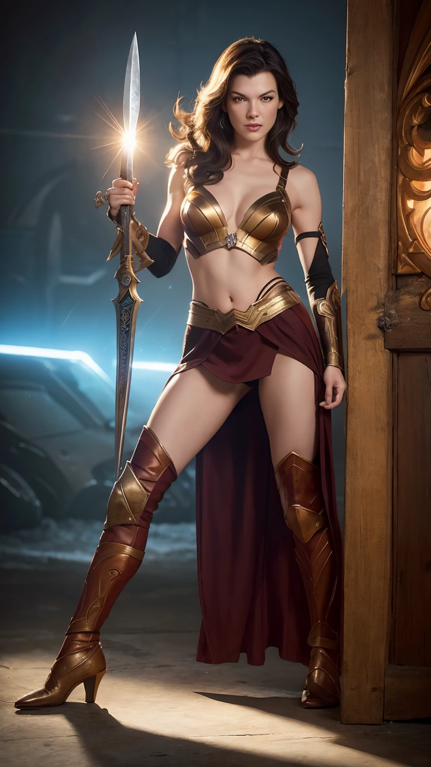 ((Full body photo,standing, feet on the ground)) (Milla Jovovich)a woman dressed as a warrior holding a sword, sexy painting of gal gadot, tyler edlin fantasy art, fantasy woman, gal gadot as hell lord, zenescope, a very beautiful berserker woman, magali villeneuve', as seen on artgerm, very beautiful female barbarian, artgerm julie bell beeple, 4k fantasy art
